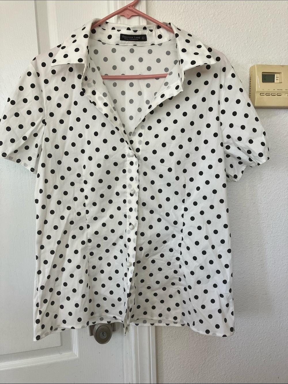 NWT Women’s Classic Polka Dot Button-Up Cotton Blend Blouse - White/Black Size L